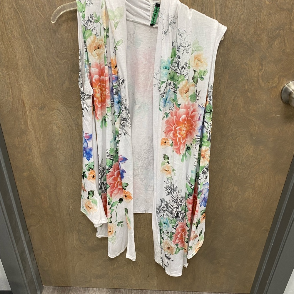 Floral Open-Front Vest - White with Multicolor Accents